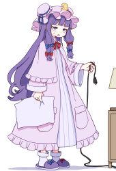 Rule 34 | 1girl, absurdres, blue bow, blush stickers, bow, crescent, crescent hat ornament, dress, electric plug, full body, hair bow, hat, hat ornament, highres, holding, holding pillow, kame (kamepan44231), long hair, long sleeves, mob cap, open mouth, patchouli knowledge, pillow, purple dress, purple eyes, purple hair, purple hat, purple socks, red bow, simple background, slippers, socks, solo, touhou, white background, wide sleeves