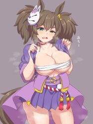 Rule 34 | 1girl, absurdres, animal ears, blush, breasts, brown background, budget sarashi, chest sarashi, cleavage, fang, green eyes, hair ornament, hakutaqanta, highres, horse ears, horse girl, inari one (umamusume), large breasts, looking at viewer, mask, mask on head, medium breasts, open mouth, sarashi, simple background, solo, steaming body, sweat, tail, thick eyebrows, umamusume