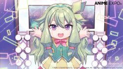 Rule 34 | 1girl, arms up, artist name, bow, bowtie, company name, copyright notice, cowboy shot, green hair, green hairband, hair flaps, hairband, hanagata, happy, long hair, low-tied sidelocks, nenerobo, official art, pink bow, pink bowtie, project sekai, purple background, purple eyes, robot, signature, smile, solo