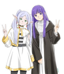 Rule 34 | 2girls, belt, black pantyhose, black robe, capelet, coat, commentary request, elf, fern (sousou no frieren), frieren, green eyes, grey hair, highres, izumi seguchi, looking at viewer, multiple girls, pantyhose, pointy ears, purple eyes, purple hair, robe, simple background, smile, sousou no frieren, torn clothes, twintails, v, white background, white coat