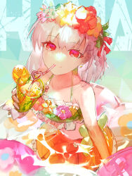 Rule 34 | 1girl, bikini, character name, crazy straw, cup, drinking glass, drinking straw, earrings, fate/grand order, fate (series), flower earrings, flprayer, food, frilled bikini, frills, fruit, grey hair, head wreath, heart straw, highres, holding, holding cup, jewelry, kama (fate), kama (swimsuit avenger) (fate), kama (swimsuit avenger) (first ascension) (fate), lemon, lemon slice, red eyes, smile, swimsuit, water