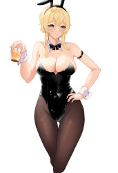 Rule 34 | 1girl, absurdres, animal ears, arm strap, bare arms, bare shoulders, black bow, black bowtie, black leotard, black pantyhose, blonde hair, blush, bow, bowtie, breasts, cleavage, cropped legs, detached collar, drink, fake animal ears, genshin impact, hand on own hip, highres, holding, holding drink, large breasts, leotard, light blush, looking at viewer, lumine (genshin impact), pantyhose, playboy bunny, qije, rabbit ears, short hair with long locks, simple background, solo, strapless, strapless leotard, white background, wrist cuffs, yellow eyes