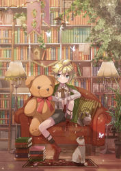 Rule 34 | banner, birdhouse, blonde hair, blue eyes, book, book stack, bookshelf, boots, box, bug, butterfly, cable, cat, commentary, couch, expressionless, flower, framed image, green jacket, headphones, hekicha, highres, holding, holding book, insect, jacket, jacket on shoulders, jar, kagamine len, knee up, ladder, lamp, library, light bulb, light particles, neck ribbon, picture frame, pillow, plant, potted plant, ribbon, rug, shirt, short shorts, shorts, sitting, spiked hair, star (symbol), stuffed animal, stuffed toy, suspender shorts, suspenders, teddy bear, vocaloid, white butterfly, white shirt, wooden floor