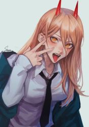 Rule 34 | 1girl, black necktie, blonde hair, blue jacket, breasts, chainsaw man, collared shirt, cross-shaped pupils, hair between eyes, highres, horns, jacket, long hair, looking at viewer, medium breasts, necktie, off shoulder, open mouth, power (chainsaw man), red horns, sharp teeth, shirt, simple background, smile, solo, staryoruu, symbol-shaped pupils, teeth, tongue, tongue out, v, white background, white shirt, yellow eyes