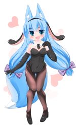 Rule 34 | 1girl, :d, animal ear fluff, animal ears, bare shoulders, black footwear, black gloves, black hairband, black leotard, black neckwear, blue eyes, blue hair, blush, bow, breasts, brown pantyhose, collar, commentary request, covered navel, detached collar, elbow gloves, fake animal ears, floppy ears, fox ears, fox girl, fox tail, full body, gloves, hair bow, hairband, hand up, heart, high heels, highres, kanijiru, kittysuit, leotard, long hair, looking at viewer, low twintails, medium breasts, nontraditional playboy bunny, open mouth, original, pantyhose, playboy bunny, purple bow, rabbit ears, shoes, smile, solo, standing, strapless, strapless leotard, tail, twintails, very long hair, white background, white collar, wing collar