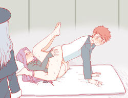 Rule 34 | 1boy, 2girls, ass, ass grab, barefoot, black sweater, blush, bottomless, caren hortensia, caught, clothed sex, emiya shirou, eye contact, fate/stay night, fate (series), feet, folded, from behind, from side, full body, glasses, hetero, highres, indoors, legs, legs up, long hair, looking at another, looking at viewer, medium hair, medusa (fate), medusa (rider) (fate), mo (kireinamo), multiple girls, purple hair, raglan sleeves, sex, sleeves past wrists, spiked hair, sweat, sweater, thighs, turtleneck, turtleneck sweater, vaginal, very long hair, walk-in