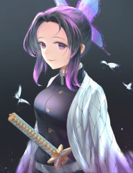 Rule 34 | 1girl, animal, belt, belt buckle, black hair, black jacket, breasts, buckle, bug, butterfly, butterfly hair ornament, closed mouth, commentary request, forehead, gradient hair, hair ornament, highres, insect, jacket, katana, kimetsu no yaiba, kochou shinobu, looking at viewer, medium breasts, multicolored hair, open clothes, parted bangs, purple eyes, purple hair, sheath, sheathed, smile, solo, sword, wang man, weapon, white belt