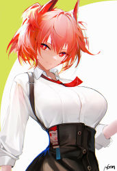 Rule 34 | 1girl, arknights, black skirt, breasts, closed mouth, collared shirt, feather hair, fiammetta (arknights), high-waist skirt, highres, large breasts, long sleeves, looking at viewer, necktie, omone hokoma agm, red eyes, red hair, red necktie, shirt, short hair, signature, skirt, smile, solo, suspender skirt, suspenders, two-tone background, underbust, white shirt