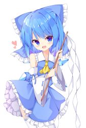 Rule 34 | 1girl, alternate color, ascot, blue eyes, blue hair, blue skirt, blue vest, blush, bow, cirno, contrapposto, cosplay, cowboy shot, detached sleeves, fang, gohei, hair between eyes, hair bow, hakurei reimu, hakurei reimu (cosplay), head tilt, heart, highres, holding, light blush, open mouth, petticoat, player 2, ribbon-trimmed sleeves, ribbon trim, sabana, short hair, simple background, skirt, solo, standing, thighhighs, touhou, vest, white background, white thighhighs, yellow ascot