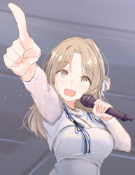 Rule 34 | :d, arm up, blue ribbon, breasts, brown eyes, curtained hair, dress, forehead, grey background, highres, holding, holding microphone, ichikawa hinana, idolmaster, idolmaster shiny colors, lace sleeves, large breasts, light brown hair, light particles, long hair, long sleeves, looking at viewer, microphone, open mouth, parted bangs, pointing, pointing at viewer, ribbon, smile, unu (unucence), upper body, white dress