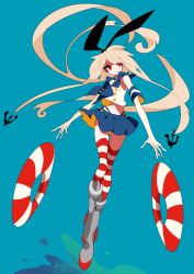 Rule 34 | 10s, 1girl, alternate eye color, anchor, bad id, bad pixiv id, blonde hair, gloves, hairband, innertube, kantai collection, long hair, red eyes, sameyama jiro, shimakaze (kancolle), smile, striped clothes, striped thighhighs, swim ring, thighhighs