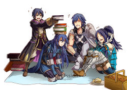 Rule 34 | 2boys, 2girls, armor, blue eyes, blue hair, book, book on head, book stack, brother and sister, cape, chrom (fire emblem), cloak, closed eyes, cynthia (fire emblem), father and daughter, father and son, fire emblem, fire emblem awakening, food, gzei, laughing, leg armor, lucina (fire emblem), morgan (fire emblem), morgan (male) (fire emblem), mother and daughter, mother and son, multiple boys, multiple girls, nintendo, object on head, pauldrons, picnic basket, robin (female) (fire emblem), robin (fire emblem), sandwich, shoulder armor, siblings, single pauldron, sitting, sparkle, tumblr username, white background