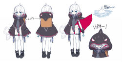 Rule 34 | 1girl, arrow (symbol), azur lane, backpack, bag, black footwear, black gloves, black jacket, blue eyes, boots, candy, capriccio, character sheet, closed mouth, cross, food, gloves, grey one-piece swimsuit, hair between eyes, holding, holding candy, holding food, holding lollipop, hood, hood down, hood up, hooded jacket, iron cross, jacket, lollipop, multiple views, one-piece swimsuit, open mouth, randoseru, standing, swimsuit, thighhighs, thighhighs under boots, translated, turnaround, u-110 (azur lane), water, white background, white hair, white thighhighs
