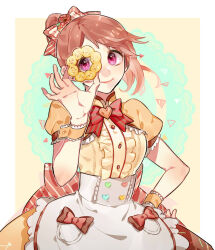 Rule 34 | 1girl, apron, bow, bowtie, brown hair, center frills, doughnut, dress, food, frills, hand on own hip, holding, holding food, idolmaster, idolmaster cinderella girls, lace background, looking at viewer, oshinomiya, patterned background, ponytail, puffy short sleeves, puffy sleeves, red bow, red bowtie, red eyes, shiina noriko, short sleeves, smile, solo, striped, striped bow, waist apron, white apron, wrist cuffs, yellow dress