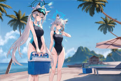 Rule 34 | 2girls, alternate hairstyle, animal ear fluff, animal ears, beach, beach chair, beach umbrella, blue archive, blue eyes, blue halo, blue sky, bottle, box, breasts, cirilla lin, coconut tree, cross, crossed bangs, dark halo, dual persona, feet out of frame, goggles, goggles on head, grey hair, hair ornament, halo, holding, holding box, inverted cross, large breasts, multiple girls, ocean, official alternate costume, one-piece swimsuit, palm tree, shiroko (blue archive), shiroko (swimsuit) (blue archive), shiroko terror (blue archive), sky, swimsuit, thighs, tree, twintails, umbrella, water bottle, wolf ears