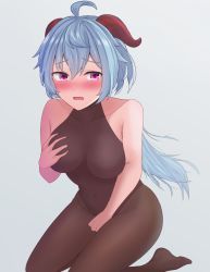 Rule 34 | 1girl, ahoge, black leotard, blue hair, blush, bodystocking, bodysuit, breasts, covering privates, covering crotch, embarrassed, ganyu (genshin impact), genshin impact, groin, hand on own chest, highres, horns, leotard, leotard under clothes, long hair, looking at viewer, medium breasts, nebulius, no gloves, no shoes, open mouth, pantyhose, purple eyes, sidelocks, sitting, sleeveless, solo, thighs