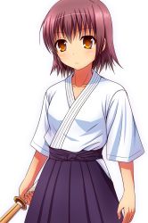 Rule 34 | 1girl, blush, hakama, hakama skirt, highres, japanese clothes, ki (kk-sk-ray), original, shinai, short hair, simple background, skirt, solo, sword, weapon, white background