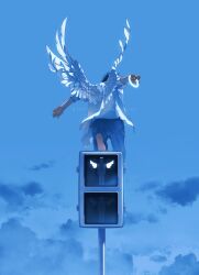 Rule 34 | angel, angel wings, black hair, blue pants, blue sky, cloud, feathered wings, from behind, halo, highres, holding halo, original, pants, pedestrian lights, rido (ridograph), shirt, short hair, sky, solo, white shirt, wings