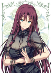 Rule 34 | 1girl, alternate costume, black dress, blue eyes, bow, bracelet, braid, breasts, cleavage, closed mouth, dress, flower, hair bow, highres, hong meiling, jewelry, large breasts, light smile, long hair, looking at viewer, monety, own hands together, purple hair, see-through, solo, touhou, twin braids