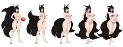 Rule 34 | 1girl, absurdres, animal ear fluff, animal ears, artist name, before and after, big belly, black hair, blush, breast expansion, breasts, closed mouth, collarbone, curvy, dark nipples, fox ears, fox girl, fox tail, full body, groin, growth, hair ornament, hairpin, hand on face, hands on own hips, hands on stomach, happy, highres, huge breasts, kitsune, kyuubi, lactation, large areolae, large breasts, large nipples, large tail, lhanamo, long hair, looking at viewer, medium hair, milk, multiple tails, navel, nipples, nude, original, parted lips, pregnant, progression, pubic hair, puffy areolae, puffy nipples, red eyes, shiny skin, sidelocks, signature, smile, standing, tail, thick thighs, thighs, very long hair, white background, wide hips
