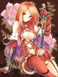 Rule 34 | 1girl, akai katana, aki663, asymmetrical legwear, ayase nazuna (akai katana), boots, breasts, brown background, cave (developer), center opening, cleavage, detached sleeves, flower, garter straps, gloves, highres, katana, large breasts, leaf, long hair, looking at viewer, miniskirt, mismatched legwear, plant, red hair, red thighhighs, revealing clothes, sheath, simple background, sitting, skirt, smile, solo, sword, thigh boots, thighhighs, unsheathed, vambraces, weapon, zettai ryouiki