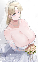 Rule 34 | 1girl, bare shoulders, blonde girl (okpriko), blonde hair, blue eyes, bouquet, breasts, cleavage, closed mouth, collarbone, commentary, dress, elbow gloves, english commentary, flower, gloves, highres, holding, holding bouquet, huge breasts, jewelry, looking at viewer, medium hair, necklace, okpriko, original, parted bangs, pearl necklace, simple background, smile, solo, tiara, veil, wedding dress, white background, white dress, white gloves
