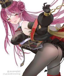 Rule 34 | 1girl, ass, belt, black coat, black hat, black leotard, blush, breasts, cleavage, coat, covered navel, eyepatch, gold trim, grey pantyhose, hair bun, hat, highres, hololive, houshou marine, jewelry, lace trim, large breasts, leotard, long hair, looking at viewer, multicolored hair, off shoulder, official alternate costume, open mouth, pantyhose, peaked cap, pink hair, pupugigi, red hair, ribbon, shako cap, single side bun, smile, solo, streaked hair, thighhighs, virtual youtuber, yellow eyes