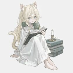 Rule 34 | 1girl, :3, animal ears, barefoot, blob, book, book stack, candle, candlestand, cat ears, cat girl, cat tail, creature, highres, holding, holding book, long hair, long sleeves, looking at viewer, nightgown, open book, original, popepopo999, simple background, sitting, smile, tail, white background, white nightgown