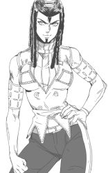 Rule 34 | 1girl, apple972, contrapposto, ermes costello, greyscale, dreadlocks, hand on own hip, inzup, jojo no kimyou na bouken, looking to the side, monochrome, scar, solo, standing, turtleneck