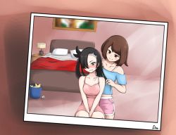 Rule 34 | 2girls, asymmetrical bangs, asymmetrical hair, bare shoulders, bed, between legs, blue shirt, blush, brown eyes, brown hair, brushing hair, closed mouth, comb, creatures (company), dokuropg, dress, game freak, gloria (pokemon), hand between legs, indoors, long hair, looking at another, looking down, marnie (pokemon), multiple girls, nintendo, nose blush, off-shoulder shirt, off shoulder, photo (object), pink dress, pink shorts, pokemon, pokemon swsh, shirt, short dress, short hair, shorts, sitting, smile, t-shirt, trash, trash can, undercut, used tissue, v arms, yuri