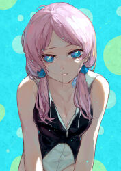 Rule 34 | 1girl, absurdres, alternate costume, aqua background, arknights, backlighting, bare arms, blue eyes, blue poison (arknights), breasts, cleavage, collarbone, frog hair ornament, hair in own mouth, hair ornament, highres, looking at viewer, low twintails, medium breasts, one-piece swimsuit, pink hair, solo, swimsuit, twintails, two-tone swimsuit, user fwte7238, zipper, zipper pull tab