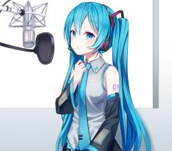 Rule 34 | 1girl, absurdres, arm tattoo, black sleeves, blue eyes, blue hair, blue necktie, closed mouth, collared shirt, detached sleeves, grey shirt, hair between eyes, hatsune miku, headphones, headset, highres, ille (xcpa7325), long hair, long sleeves, microphone, necktie, recording studio, shirt, sleeveless, sleeveless shirt, solo, tattoo, twintails, upper body, very long hair, vocaloid, wing collar