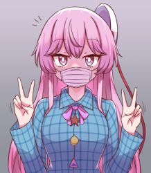 Rule 34 | 1girl, aqua shirt, blue shirt, bow, bowtie, buttons, collared shirt, expressionless, hata no kokoro, long sleeves, mask, mask on head, mouth mask, multicolored buttons, pink eyes, pink hair, plaid, plaid shirt, purple bow, purple bowtie, shirt, solo, touhou, v, wool (miwol)