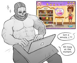 Rule 34 | 1boy, abs, aidenlydia, arm tattoo, at computer, bara, buff guys typing on laptops (meme), call of duty, call of duty: modern warfare 2, computer, english text, ghost (modern warfare 2), greyscale, highres, laptop, large pectorals, male focus, mask, meme, monochrome, muscular, muscular male, navel, nipples, pants, pectorals, playing games, sitting, skull mask, solo, star (symbol), tattoo, topless male