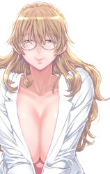 Rule 34 | 1girl, blonde hair, blue eyes, breasts, cleavage, closed mouth, cola, glasses, highres, kio shimoku, large breasts, long hair, long sleeves, looking at viewer, mole, mole under eye, open clothes, open shirt, original, round eyewear, shiny skin, shirt, simple background, smile, solo, squinting, upper body, white background, white shirt