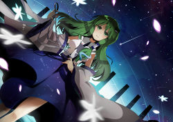 1girl detached_sleeves female_focus frog green_eyes green_hair hair_ornament japanese_clothes kakueki-teisha kochiya_sanae long_hair outdoors sky snake solo standing touhou