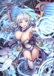 Rule 34 | 1girl, akkijin, angel wings, black sky, blue dress, blue eyes, blue hair, breasts, cane, card (medium), castle, cloud, cloudy sky, dress, drone, flying, gloves, gluteal fold, holding, holding cane, large breasts, looking at viewer, magic circle, official art, open mouth, oracle (shinkai no valkyrie), shinkai no valkyrie, sky, tiara, underwear, weapon, white gloves, wings
