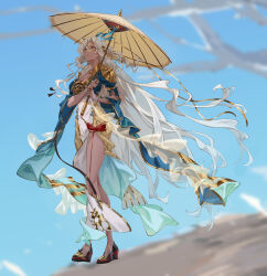 Rule 34 | 1girl, absurdres, blue horns, blue sky, blurry, blurry background, breasts, cheese kang, cleavage, day, full body, gold trim, hair ribbon, highres, holding, holding umbrella, horns, large breasts, long hair, looking up, outdoors, pantyhose, ribbon, shoes, sky, solo, standing, umbrella, very long hair, white hair, yellow eyes, yellow ribbon