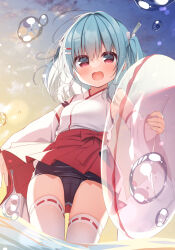 Rule 34 | 1girl, bare shoulders, black one-piece swimsuit, blue hair, blush, breasts, cameltoe, cloud, cloudy sky, commentary request, detached sleeves, hair between eyes, hair ornament, hairclip, hakama, hakama short skirt, hakama skirt, hanamiya natsuka, holding, holding swim ring, innertube, japanese clothes, kimono, long sleeves, looking at viewer, old school swimsuit, one-piece swimsuit, open mouth, original, outdoors, red eyes, red hakama, ribbon-trimmed legwear, ribbon trim, school swimsuit, skirt, sky, sleeveless, sleeveless kimono, small breasts, solo, standing, sunset, swim ring, swimsuit, swimsuit under clothes, thighhighs, transparent, two side up, water, water drop, white kimono, white sleeves, white thighhighs, wide sleeves