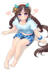 Rule 34 | 1girl, animal ears, barefoot, blue shirt, blue shorts, braid, breasts, brown hair, closed mouth, ear covers, feet, gaze on me! outfit (umamusume), heart, highres, hokko tarumae (umamusume), horse ears, horse girl, horse tail, large breasts, long hair, looking at viewer, midriff, multicolored hair, navel, on ground, purple eyes, scrunchie, shirt, short sleeves, shorts, simoyuki, simple background, smile, solo, streaked hair, tail, thighs, tied shirt, twin braids, umamusume, white background, white headwear, wrist scrunchie
