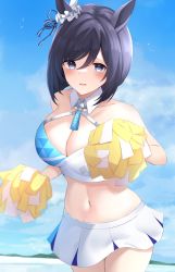 Rule 34 | 1girl, absurdres, animal ears, bare shoulders, black hair, blue archive, blue eyes, blue sky, blush, breasts, cleavage, collarbone, commission, cosplay, cowboy shot, crop top, day, eishin flash (umamusume), hibiki (blue archive), highres, horse ears, horse girl, large breasts, looking at viewer, millennium cheerleader outfit (blue archive), miniskirt, navel, outdoors, parted lips, pom pom (cheerleading), short hair, skeb commission, skirt, sky, solo, stomach, umamusume, white skirt, zeatto