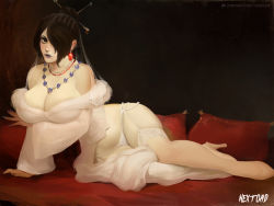 Rule 34 | 1girl, arm support, arm under breasts, artist name, bare shoulders, black hair, breast hold, breasts, cleavage, closed mouth, collarbone, commentary, dress, english commentary, final fantasy, final fantasy x, full body, garter straps, hair ornament, hair over one eye, hairpin, high heels, high ponytail, indoors, large breasts, long hair, long sleeves, looking at viewer, lulu (ff10), lying, mole, mole under mouth, nextoad, off shoulder, on side, pale skin, panties, solo, thighhighs, underwear, white dress, white footwear, white panties, white thighhighs, wide sleeves