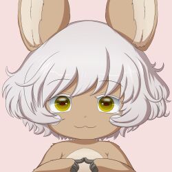Rule 34 | 1other, :3, absurdres, akiyama yukari, akiyama yukari (cosplay), alternate hairstyle, animal ears, brown fur, commentary, cosplay, english commentary, girls und panzer, highres, horizontal pupils, index fingers together, looking at viewer, messy hair, nanachi (made in abyss), other focus, pink background, portrait, rabbit ears, short hair, smugbuns, solo, white hair, yellow eyes