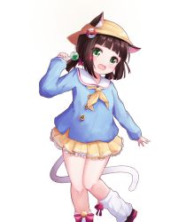 Rule 34 | 1girl, :d, animal ears, azur lane, bad id, bad pixiv id, bell, black footwear, blue shirt, blush, bow, brown hair, candy, cat ears, cat girl, cat tail, commentary request, ears through headwear, fang, food, green eyes, hand up, hat, holding, holding candy, holding food, holding lollipop, jingle bell, kindergarten uniform, lifebuoy, lollipop, long hair, long sleeves, loose socks, low twintails, mutsuki (azur lane), neckerchief, open mouth, pink bow, pleated skirt, school hat, set (vrkdgus1), shirt, short twintails, simple background, skirt, sleeves past wrists, smile, socks, solo, standing, standing on one leg, swim ring, tail, twintails, white background, white socks, yellow hat, yellow neckerchief, yellow skirt