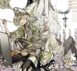 Rule 34 | 2boys, :d, blonde hair, braid, cape, caro (granblue fantasy), closed eyes, crossed legs, granblue fantasy, hat, lamp, multiple boys, multiple persona, musical note, open mouth, paintbrush, painting (action), painting (object), palette (object), plant, sheet music, sitting, smile, suou (sdurorhr)