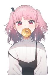 Rule 34 | 1girl, abae, absurdres, blunt bangs, borrowed character, commentary request, doughnut, ear piercing, eyelashes, food, highres, original, piercing, pink hair, red eyes, short hair, simple background, solo, sweater, twintails, usami-chan (ishikawa mami), white background