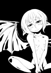 Rule 34 | 1girl, bat wings, covering privates, covering crotch, embarrassed, flat chest, greyscale, head tilt, highres, indian style, monochrome, nipples, nude, pointy ears, remilia scarlet, short hair, sitting, sonson (eleven), touhou, wings