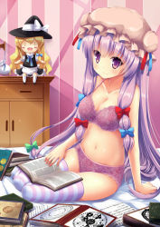 Rule 34 | 1girl, arm support, bad id, bad pixiv id, blush, book, bra, breasts, character doll, cleavage, female focus, hat, highres, kirisame marisa, large breasts, lingerie, liong, long hair, navel, panties, patchouli knowledge, purple eyes, purple hair, shiny skin, sitting, smile, solo, striped clothes, striped thighhighs, thighhighs, touhou, underwear, underwear only, yokozuwari