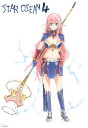 Rule 34 | 1girl, boots, breasts, cleavage, copyright name, dama, earrings, elf, english text, engrish text, full body, gloves, green eyes, jewelry, knee boots, large breasts, long hair, midriff, myuria tionysus, navel, pink hair, pointy ears, ranguage, simple background, solo, staff, standing, star ocean, star ocean the last hope, tattoo