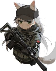 Rule 34 | 1girl, animal ears, assault rifle, bandage on face, bandages, cat ears, cat girl, cat tail, flashlight, frown, gloves, green eyes, grey hair, gun, hara shoutarou, hat, highres, hood, jacket, long hair, original, patch, rifle, shadow, solo, suppressor, tail, weapon, white background